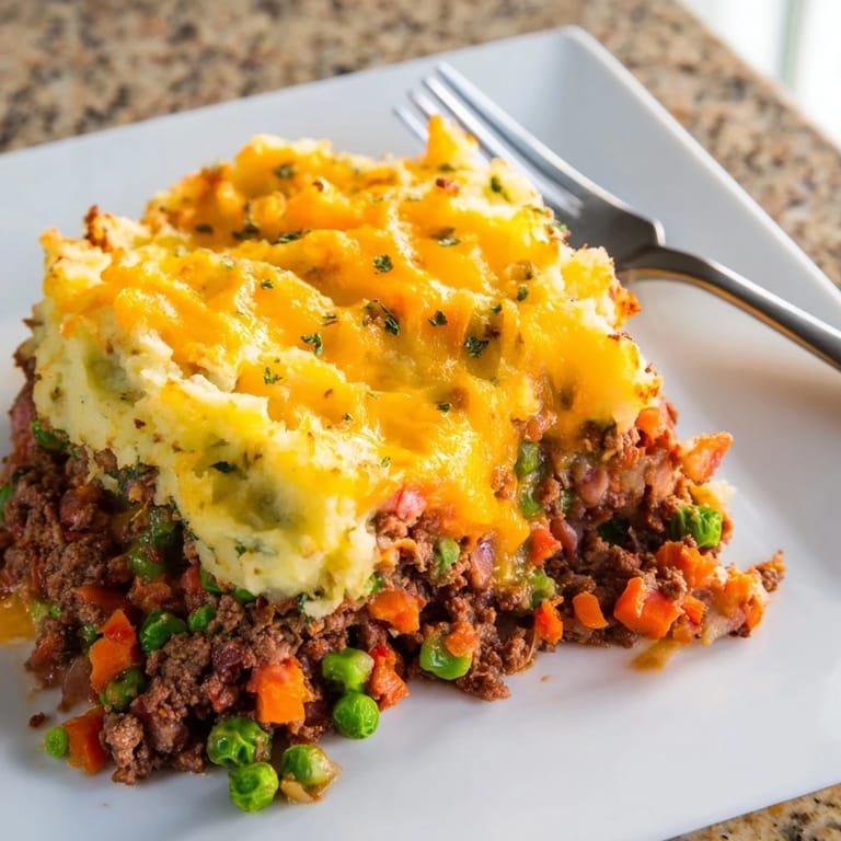 Savory ground beef and vegetable filling topped with creamy mashed potatoes in Budget Shepherds Pie.