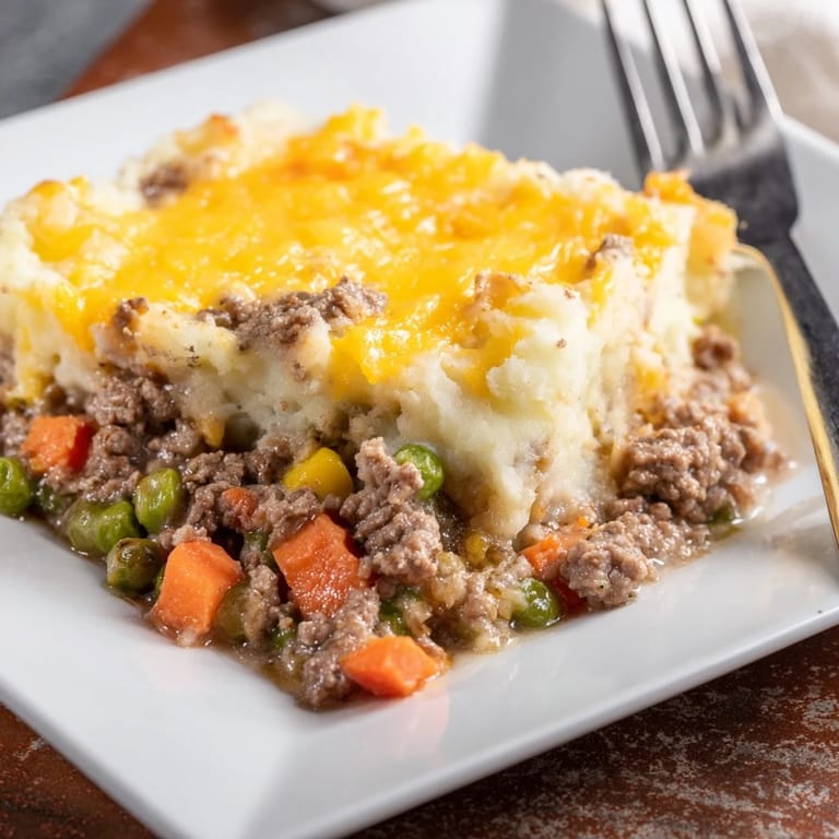 Homemade Budget Shepherds Pie, a comforting British classic, topped with melted cheddar cheese.