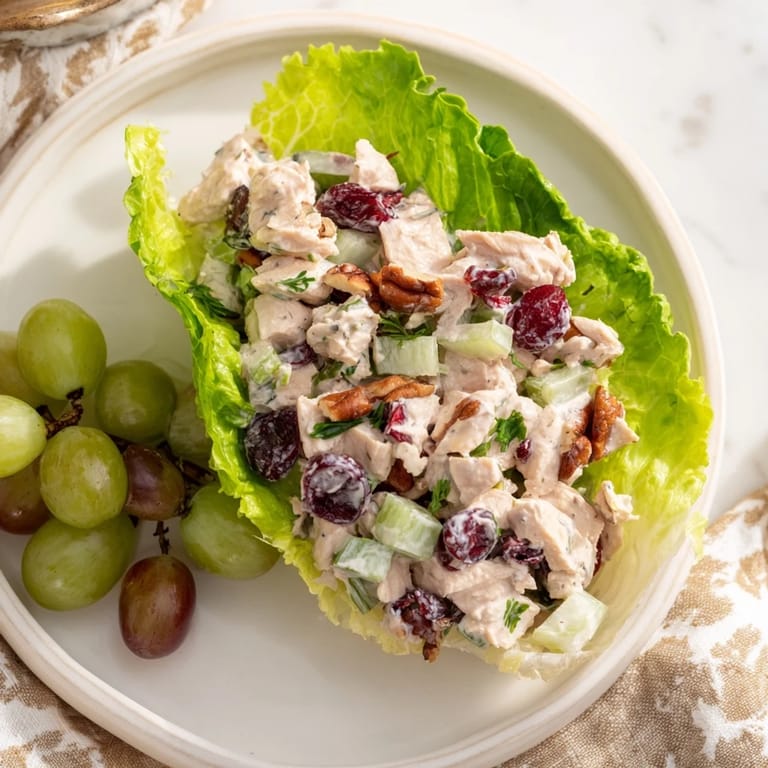 Vibrant image of chilled Simplified Festive Chicken Salad Cups with a creamy dressing, ideal for a party.