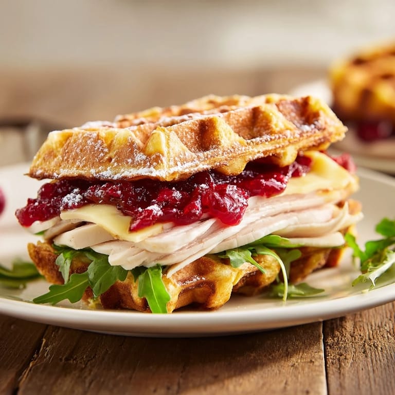 Warm and delightful Easy Holiday Waffle Sandwich halves, a holiday brunch treat filled with turkey and melting cheese.