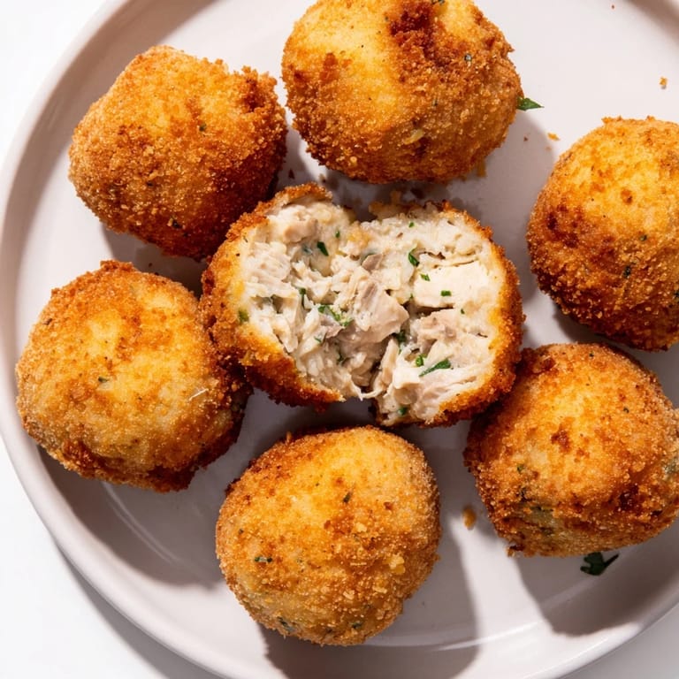 Crispy, hot Creamy Chicken & Rice Arancini Balls—a satisfying, Italian-inspired appetizer, perfect for sharing.