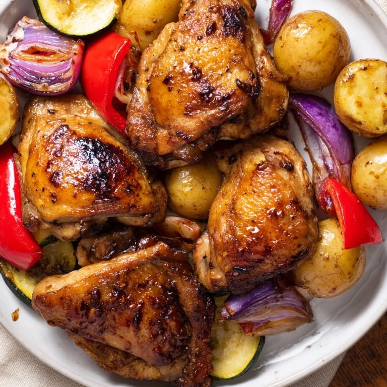 Vibrant image of easy Black Garlic and Balsamic Chicken Sheet Pan: chicken, potatoes, and blistered red peppers.