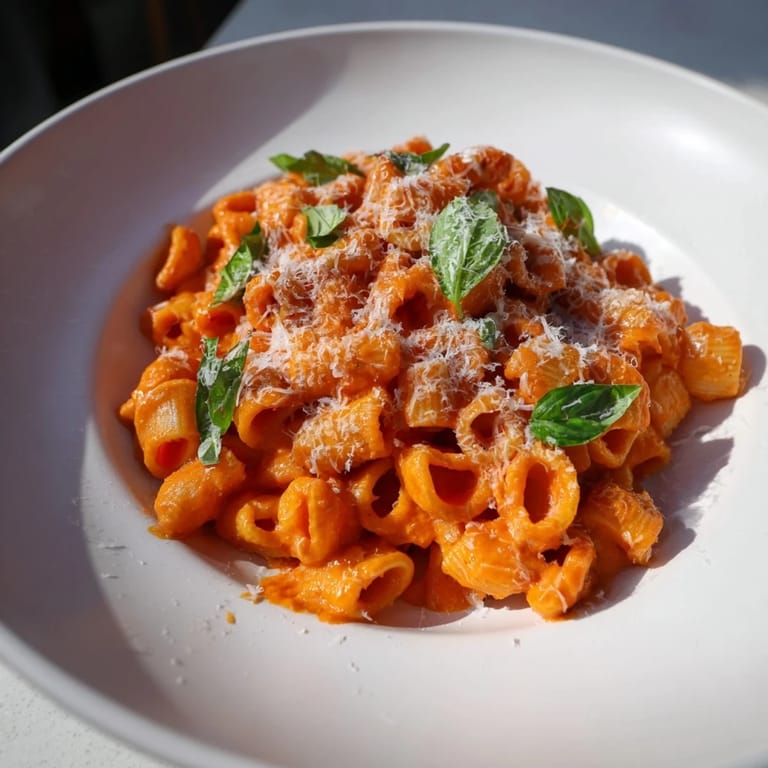 Grated Parmesan covers the Spicy Vodka Sauce Ditalini, promising a comforting Italian-American meal.