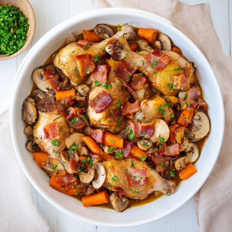 Tender Instant Pot Coq au Vin Style Chicken Thighs, served with a savory, red wine mushroom sauce and bacon.