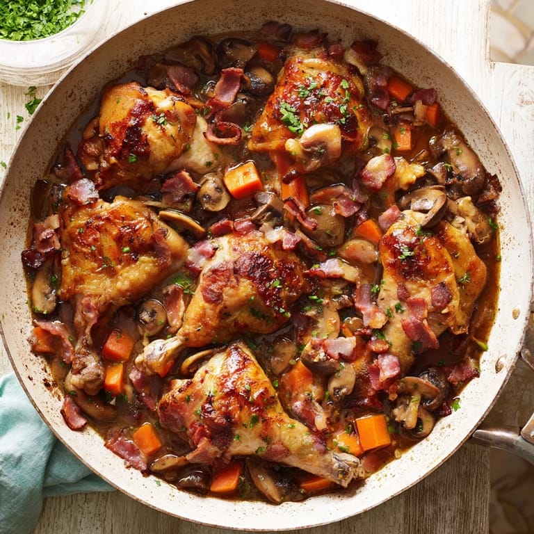 Close-up of the delicious Instant Pot Coq au Vin Style Chicken Thighs, showcasing the juicy meat and vegetables.