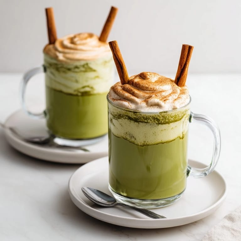 Frothy green Matcha layered with warm spiced oat milk in this Maple Cinnamon Gingerbread Oat Latte.