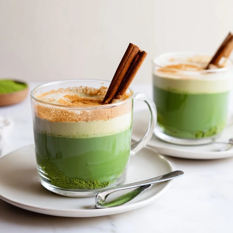 Enjoy a homemade Maple Cinnamon Gingerbread Matcha Oat Latte, a delicious and vegan-friendly spiced drink.