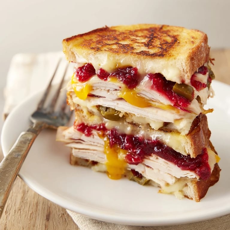 Mouthwatering Air Fryer Jalapeño Cranberry Turkey Grilled Cheese oozing warm cheese, perfect for a cozy lunch.
