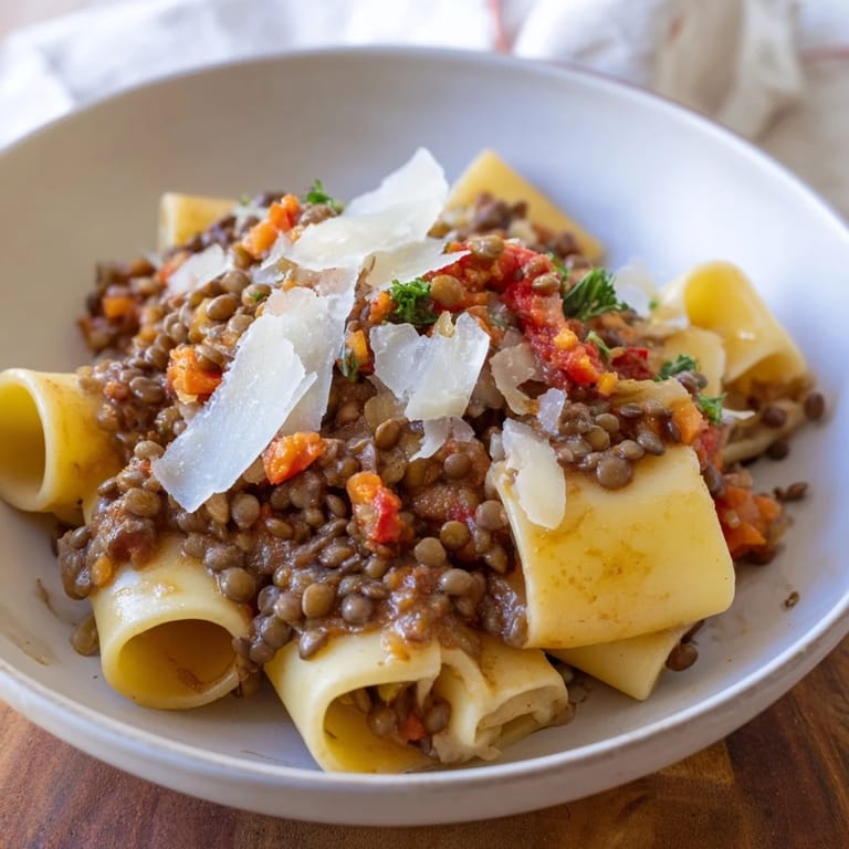 Textured close-up of the delicious High-Fiber Lentil Bolognese, ready to be tossed with pasta for dinner.