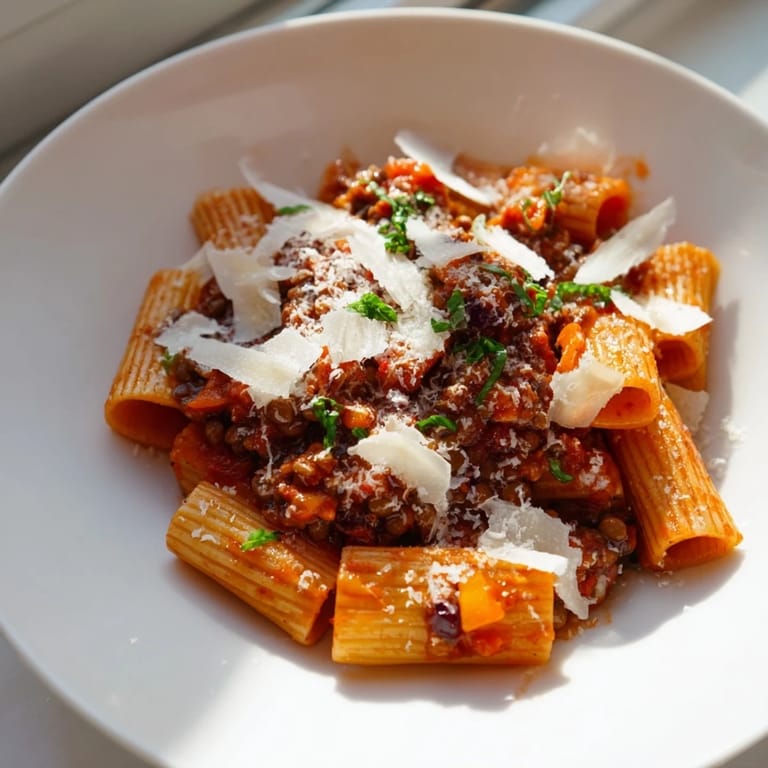 Vibrant plate of High-Fiber Lentil Bolognese, featuring rich lentil sauce and colorful festive toppings.