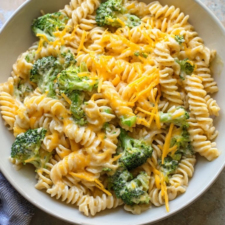 A close-up of creamy green goddess broccoli cheddar one-pot pasta, ready to warm your dinner table tonight.