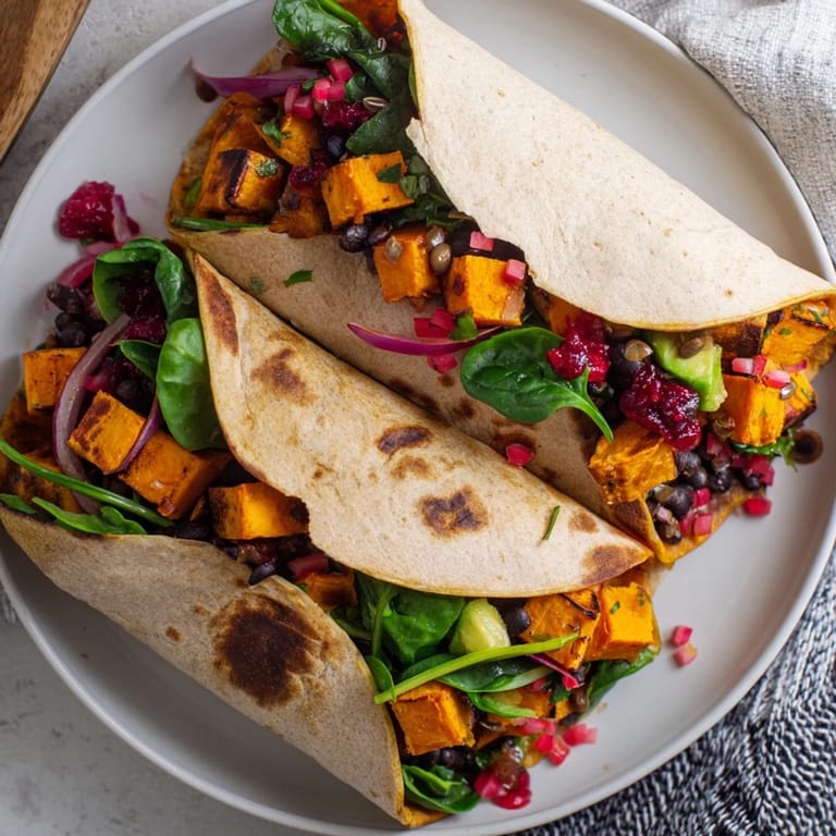 Savory Roasted Sweet Potato & Black Bean Holiday Wrap, with roasted vegetables and a perfect tortilla fold.