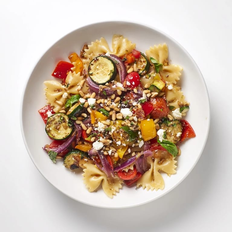 Vivid image of the Festive Bow Tie Pasta Platter, a vegetarian Italian dish with fresh herbs and feta.