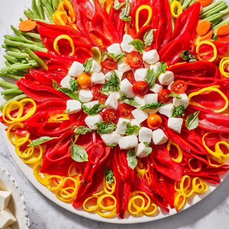 Beautiful Festive Poinsettia Platter arranged to resemble a poinsettia flower with fresh vegetables and cheese.