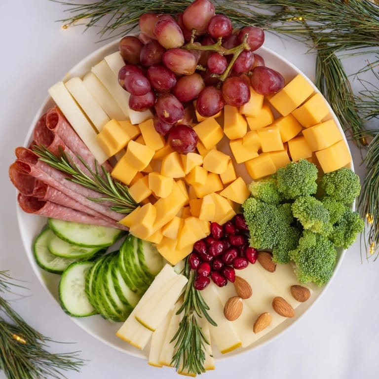 This beautiful Evergreen Tree Snack Board features cheddar, salami, grapes, and nuts—a holiday appetizer.