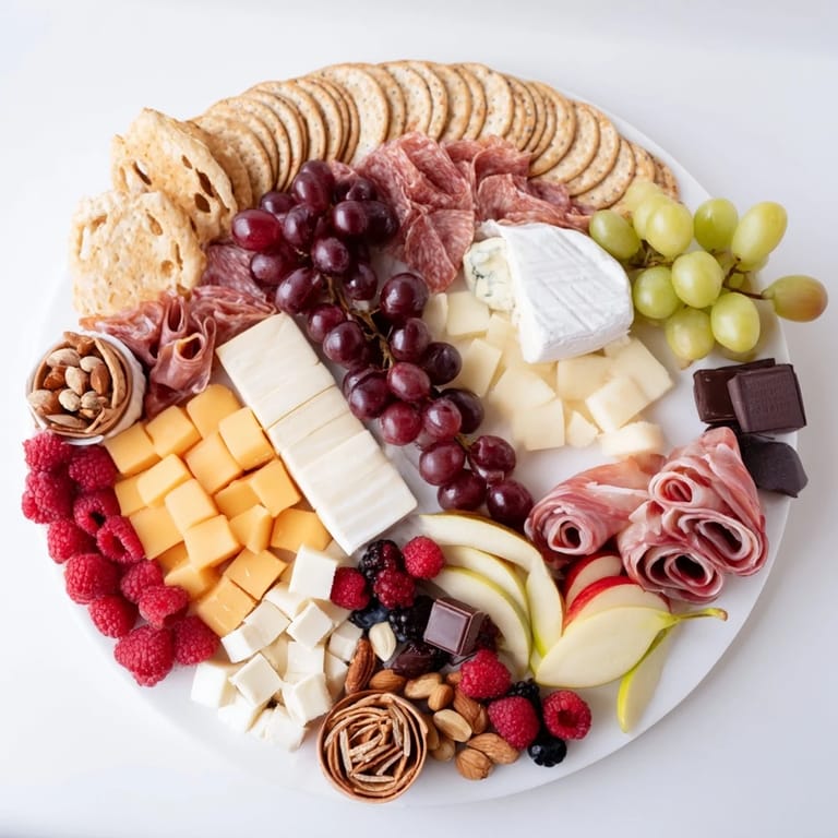 A colorful Winter Wonderland Grazing Tray includes assorted cheeses, prosciutto, grapes, and nuts, ready to enjoy.