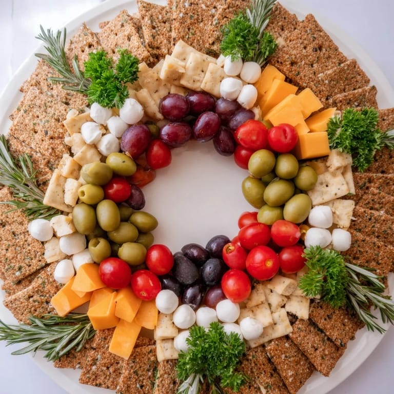 Delicious homemade Jingle Bell Cheese & Cracker Wreath ready to serve with crackers, cheese, and fresh herbs.