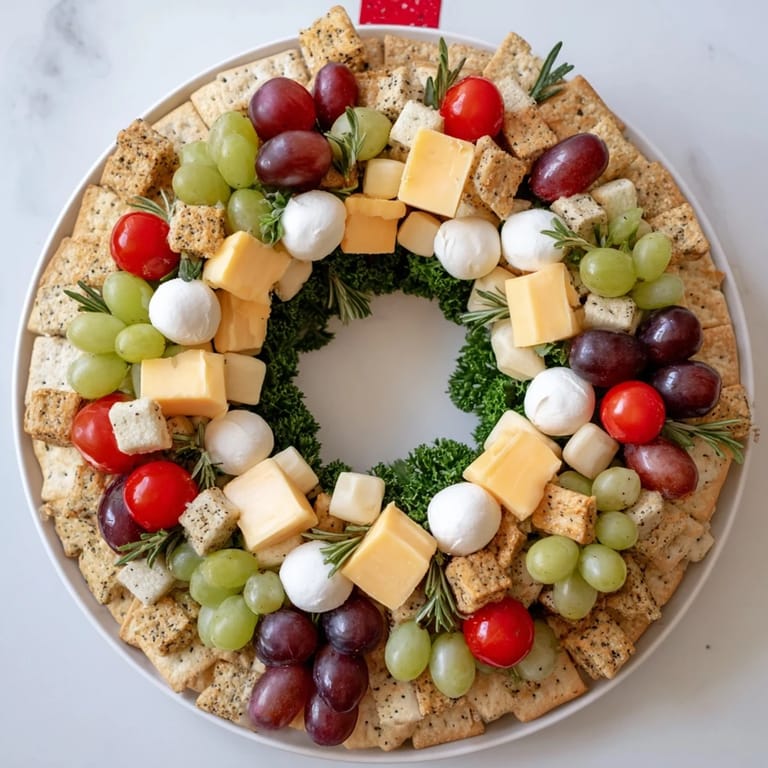 Festive Jingle Bell Cheese & Cracker Wreath, featuring colorful cheeses and an array of appealing party snacks.