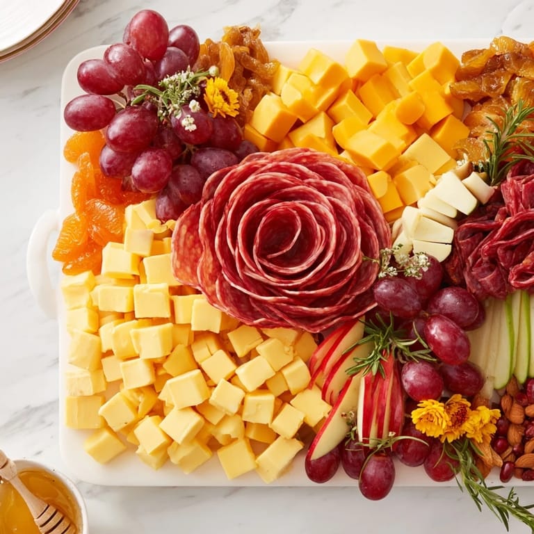 Delicious Holiday Bow Appetizer Platter features creamy brie, sliced prosciutto, and fresh grapes.