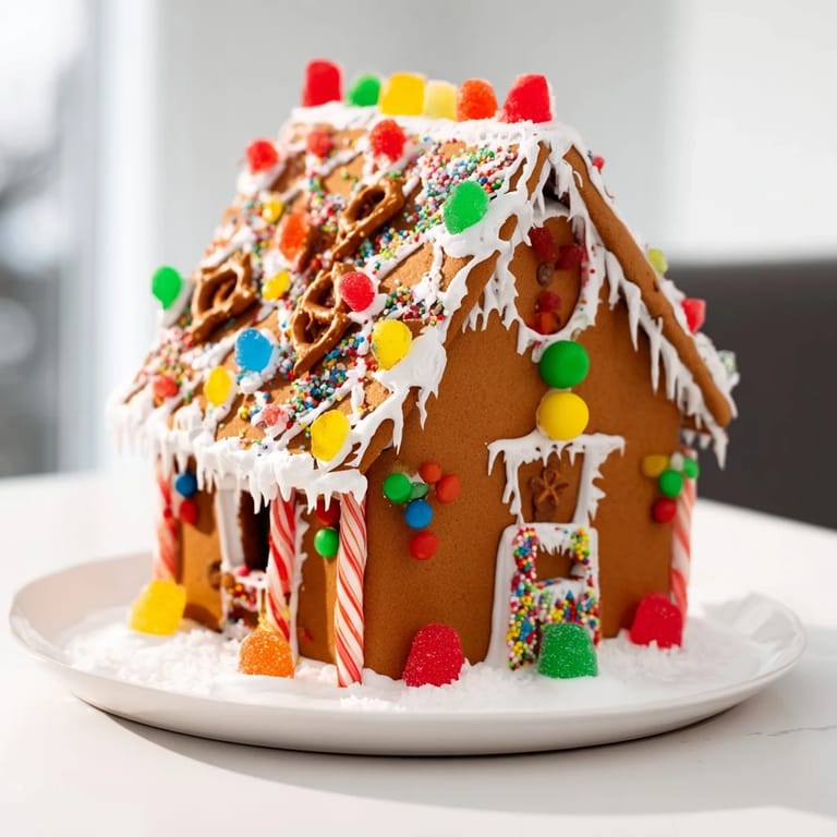 Sweet gingerbread house kit being assembled with white icing and colorful, sprinkled decorations.