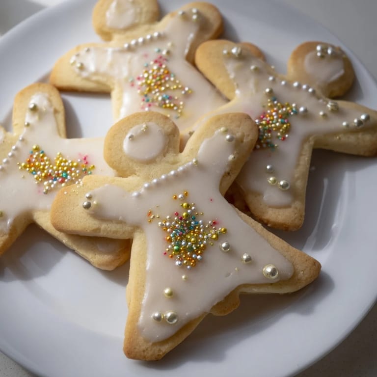 A stack of delicate Biscuits Anges de Noël cookies, freshly baked and ready for decorating with icing.