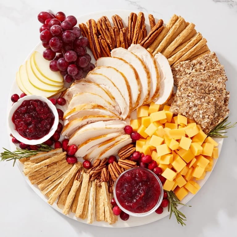 A beautiful Turkey Cheese and Cracker Board showcases savory turkey, creamy cheeses, and a festive arrangement of fresh garnishes.