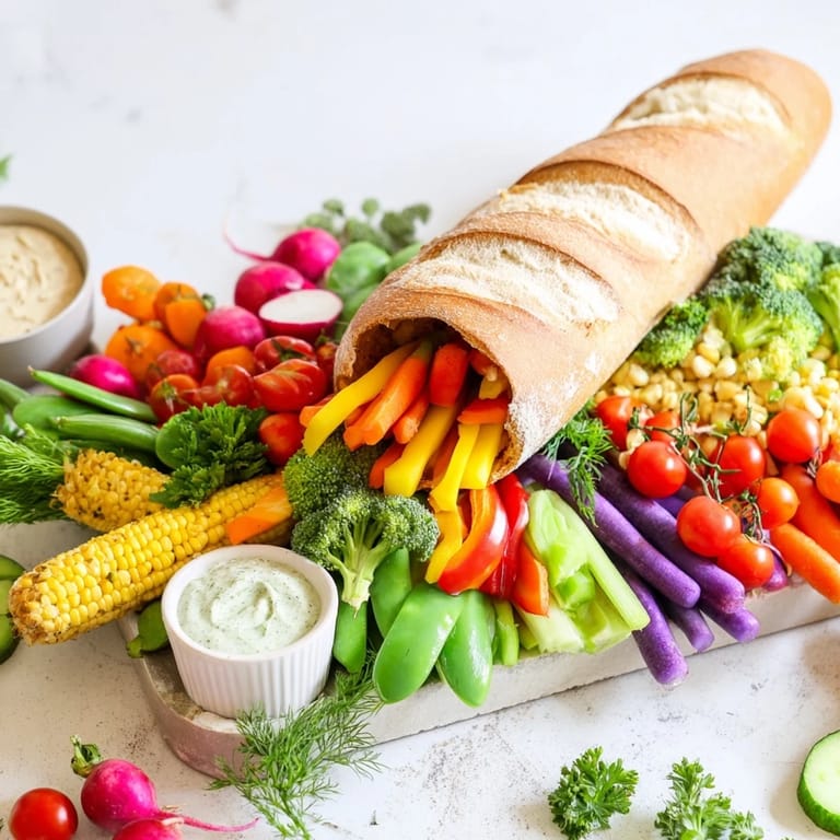 Fresh, colorful slices of a Cornucopia Veggie Board arranged artfully on a platter for Thanksgiving.