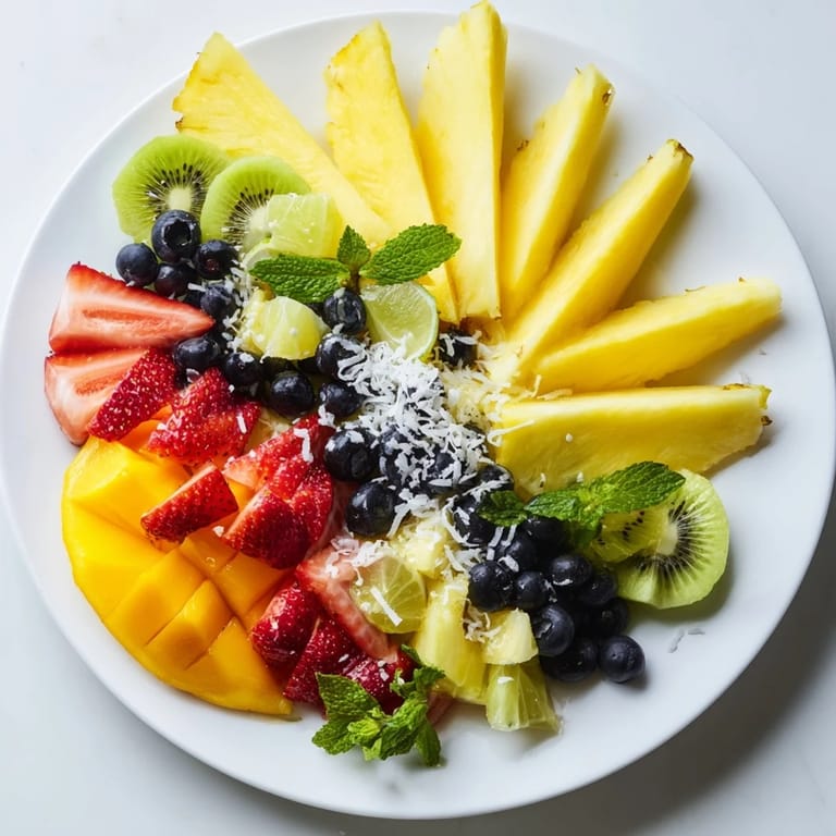A beautifully arranged Tropical Pineapple Sun Fruit Platter, perfect for a refreshing vegan and gluten-free side.