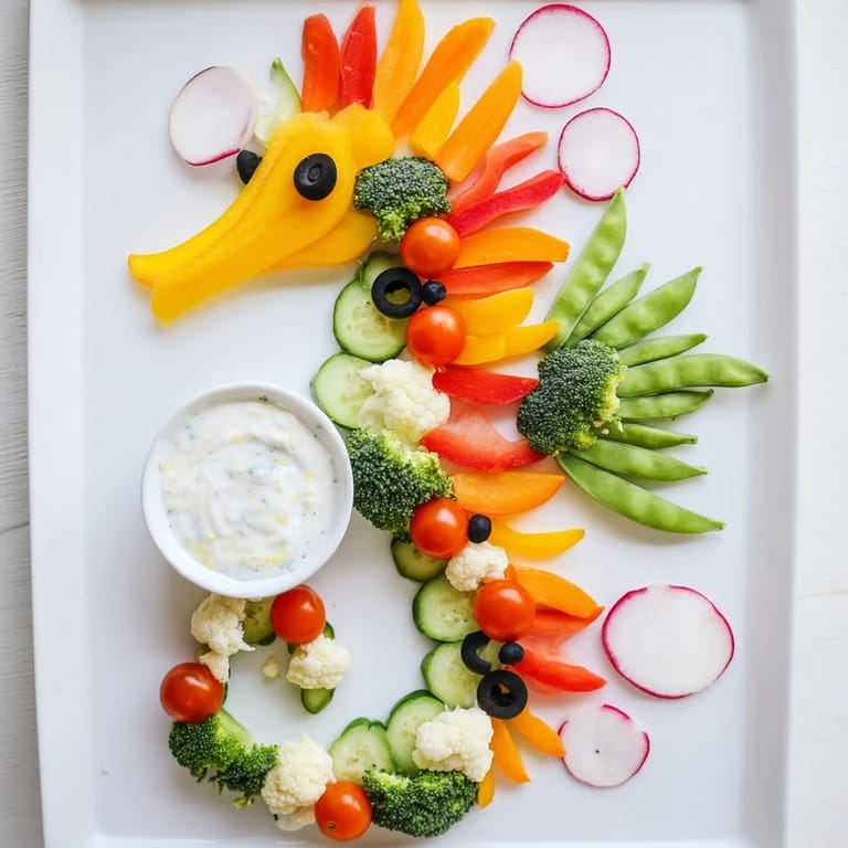 This festive Seahorse Veggie Dip Platter provides a fun, healthy appetizer or snack for kids and adults.
