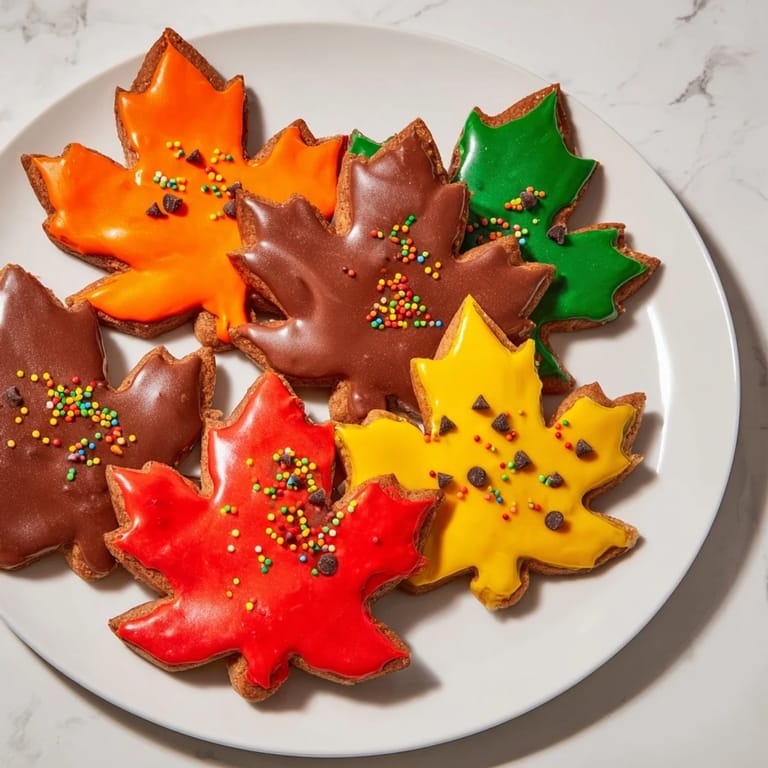 Brightly colored maple leaf cookies surrounded by icing and toppings, ideal for creative decorating.