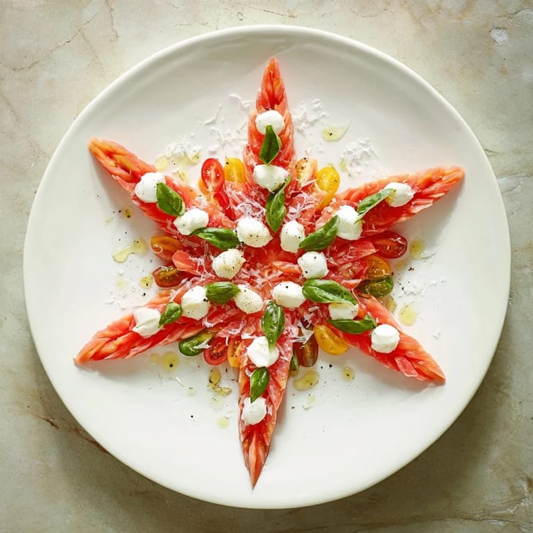 Fresh mozzarella stars in this appetizing starfish Caprese salad, drizzled with olive oil and balsamic glaze.