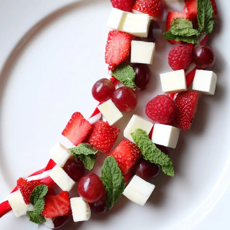 Refreshing red fruit and white cheese stripes create an eye-catching Candy Cane Stripe Fruit and Cheese platter.