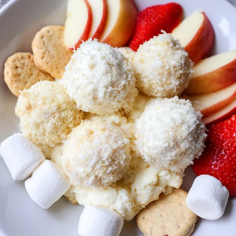 This festive Marshmallow Snowball Dip Platter features snowy coconut-covered treats alongside colorful dippers.
