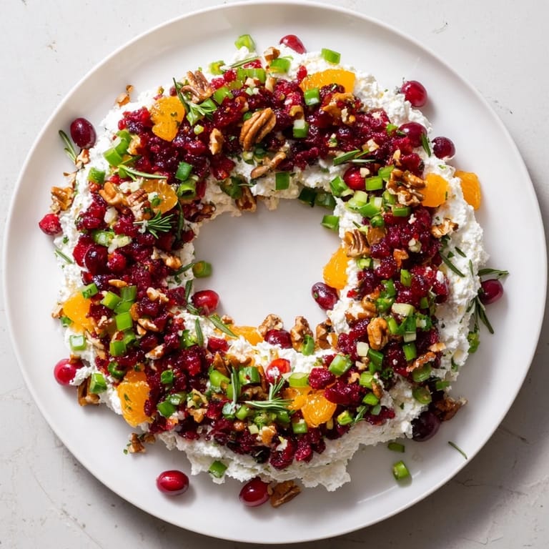 Tangy and creamy Cranberry Feta Dip Wreath, a beautiful holiday appetizer bursting with flavor and texture.
