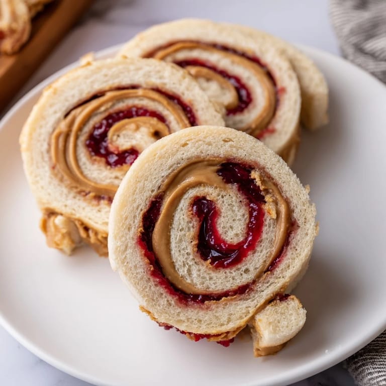 Freshly cut Simple Sandwich: Quartered PB&J pinwheel rolls, ready to eat, bursting with fruity jam and peanut butter.