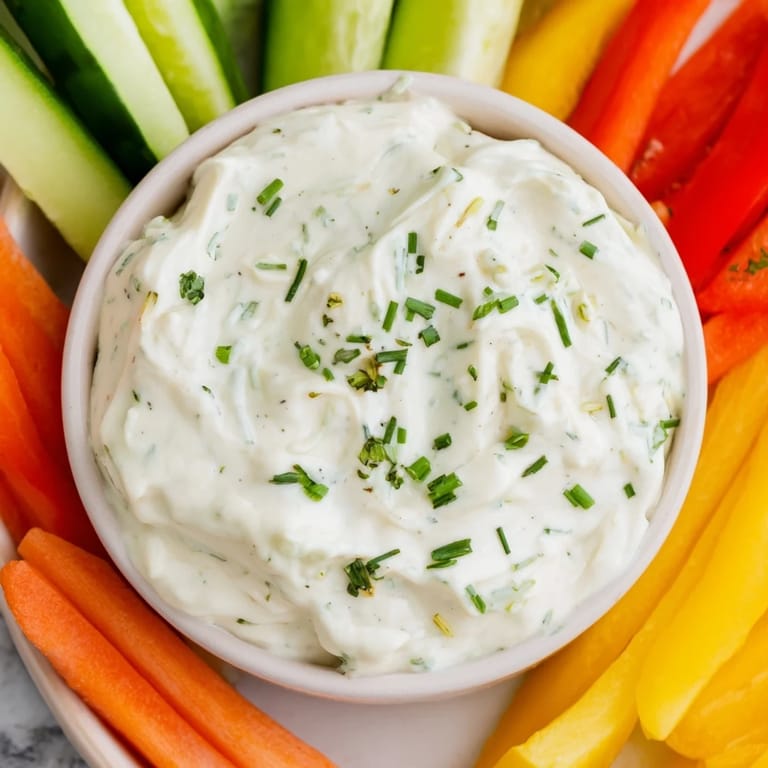 Fresh Kids Dip is a delightful cream cheese and ranch dip served with colorful carrot, celery and pepper sticks.
