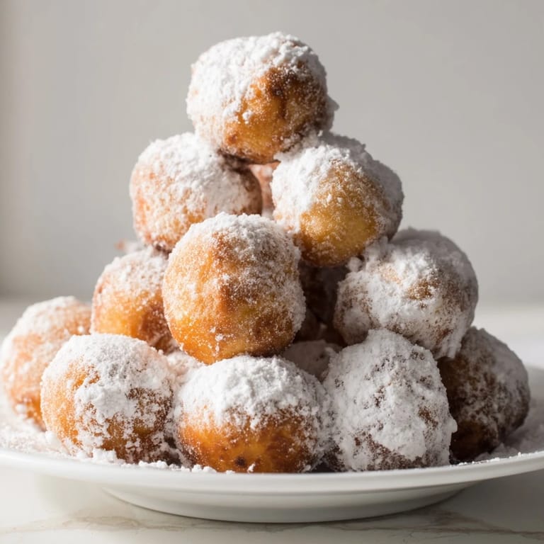 Warm, freshly made Powdered Donut Holes on a platter, ready to be devoured with dipping sauces.
