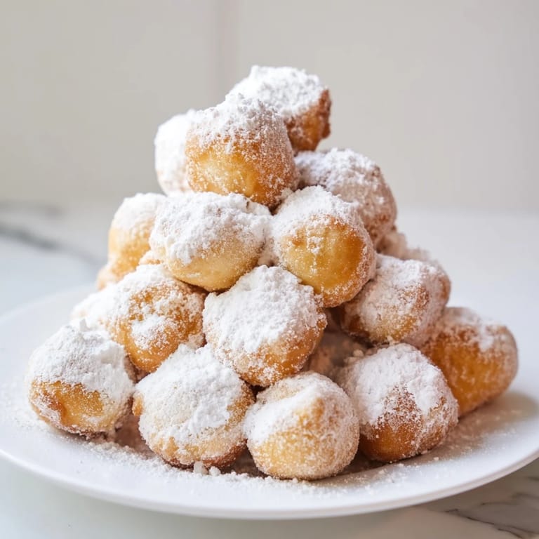 A beautiful dessert image of fluffy Powdered Donut Holes, with a dusting of sugar ready for eating.