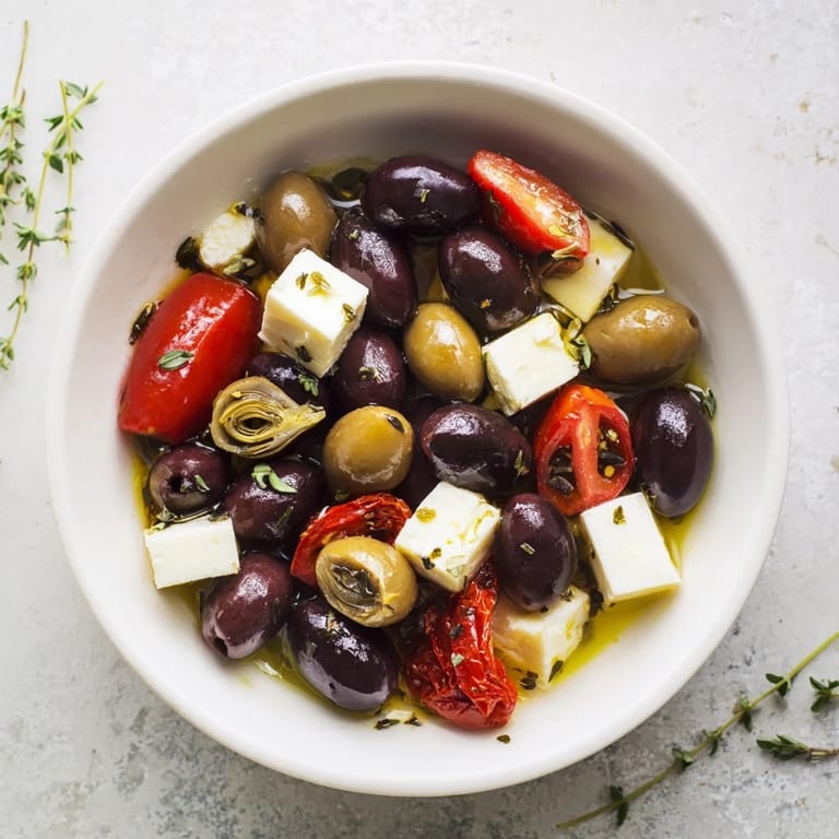 Close-up of a colorful black olive and sun-dried tomato platter, ready to be enjoyed with friends.