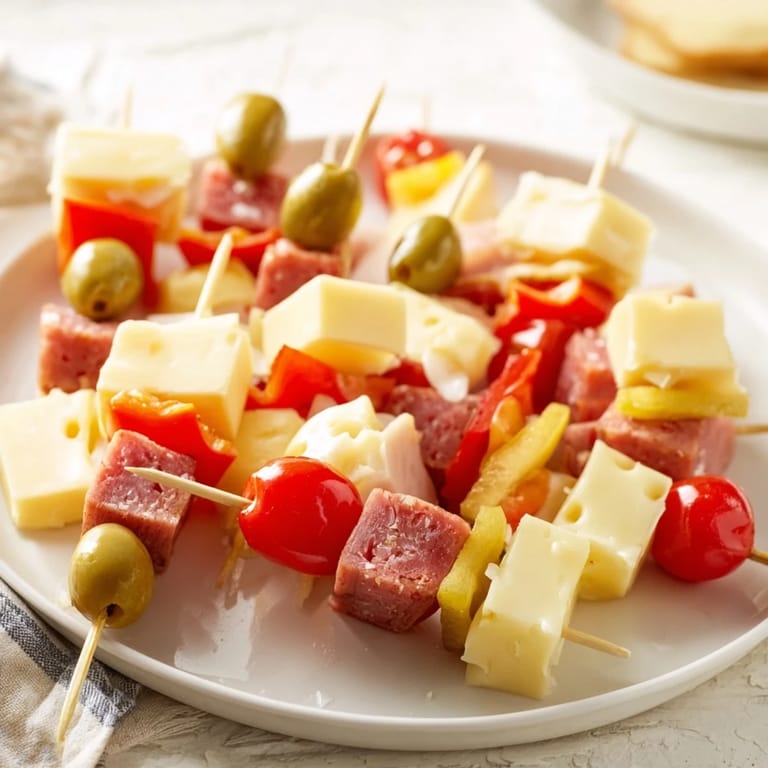 Golden cheese and meat cubes on the Savory Skewers, arranged with tangy pickles for a perfect bite.