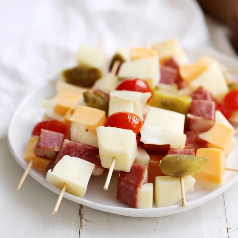 Close up shot of fresh Savory Skewers showcasing the ingredients and flavors, ready to serve and enjoy.