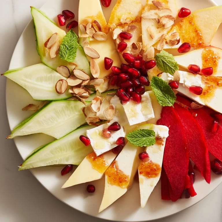 Intricate pattern of The Tessellation Triangle appetizer with cheddar, goat cheese, and fresh produce artistically sliced.