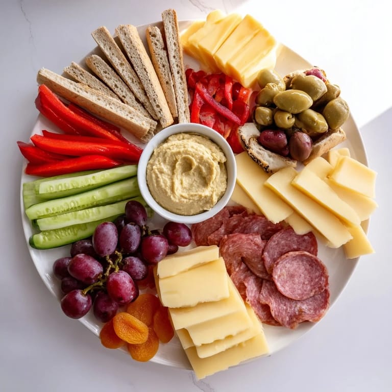 Vibrant and alluring Arrowhead Charcuterie Board, featuring fresh fruits, cheeses and pointing towards the dips.