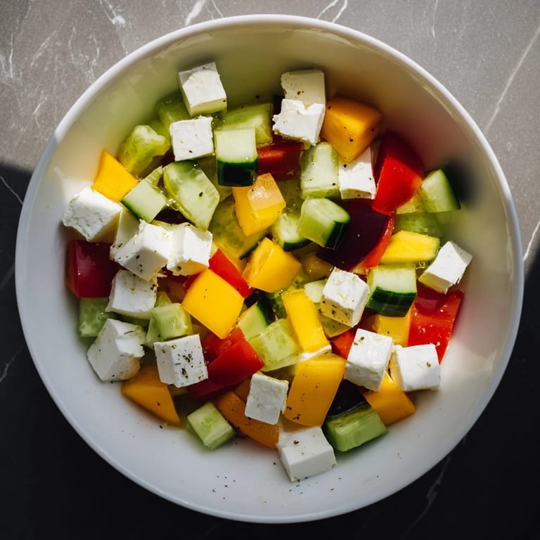 A close-up of the Cube Geometry Study salad—vibrant cubes of fruit, veggies and feta drizzled with dressing.