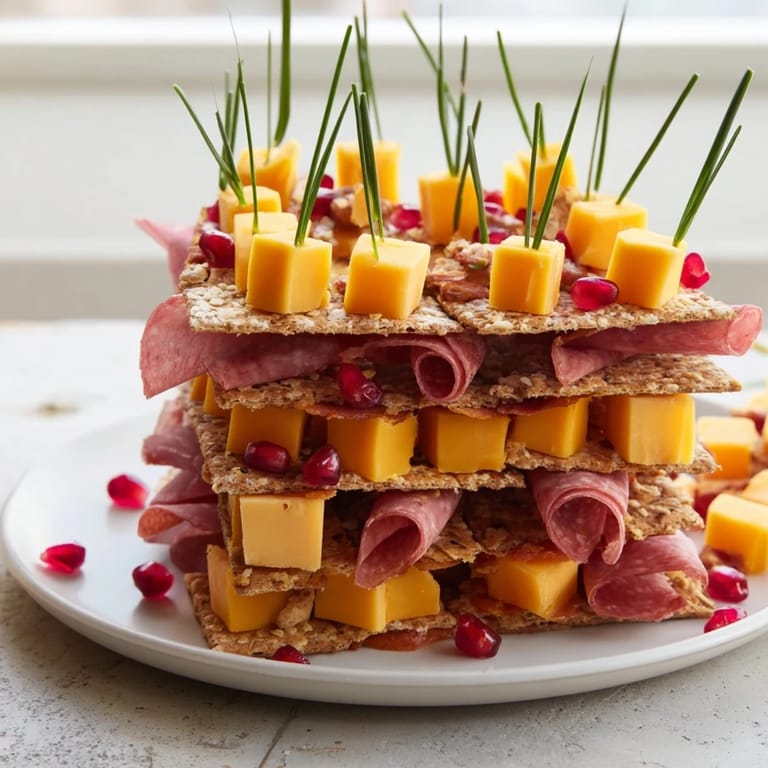 This Layered Urban Skyline showcases a delicious appetizer, with cheese and meat towers rising above crackers.
