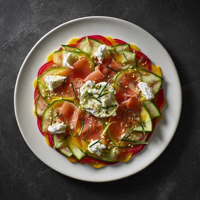A perfectly symmetrical Radial Symmetry Sunburst salad, ready for serving as a colorful appetizer, gluten-free.