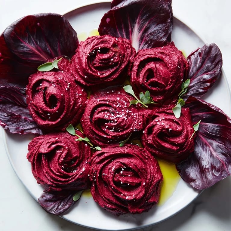 Artfully crafted The Velvet Rose appetizer features a swirl of beet hummus, perfect for elegant gatherings.