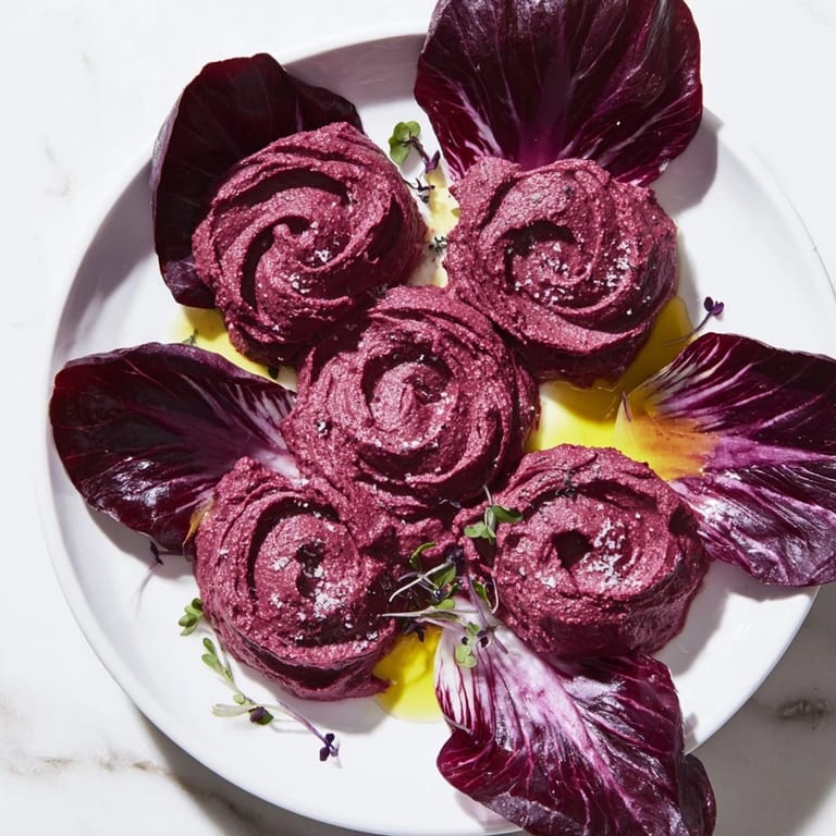 Creamy, dark red beet hummus shapes a stunning The Velvet Rose, offering earthy flavors in appetizer form.