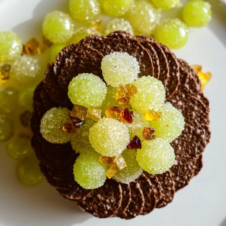 A dark chocolate cracker cave houses sparkly grapes, part of The Crystal Cave dessert everyone adores.