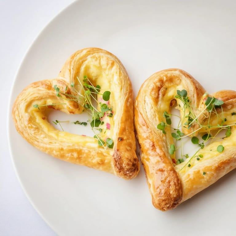 Close-up of baked Cœurs Entrelacés, savory pastries filled with goat cheese, perfect for a romantic appetizer.
